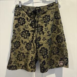 Burnout Velvet Board Shorts Men Med Olive Green Black Swim Beach Hawaiian Bloom